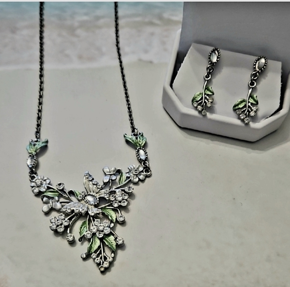 #155 Hawaiian Floral Butterfly Silver and Pastel Green-Necklace and Earrings Set